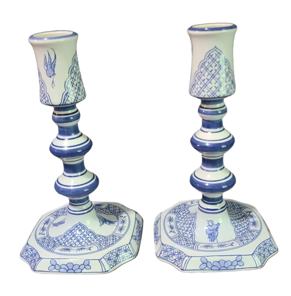 VTG Pair Delft Royal Goedewoagen Blue & White Candlesticks Holland