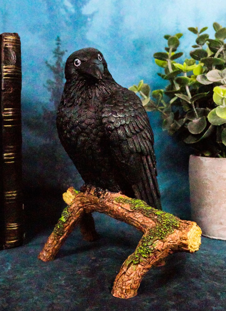 Gothic Raven Crow Perching On Tree Branch Scavenger Bird Figurine 5.75