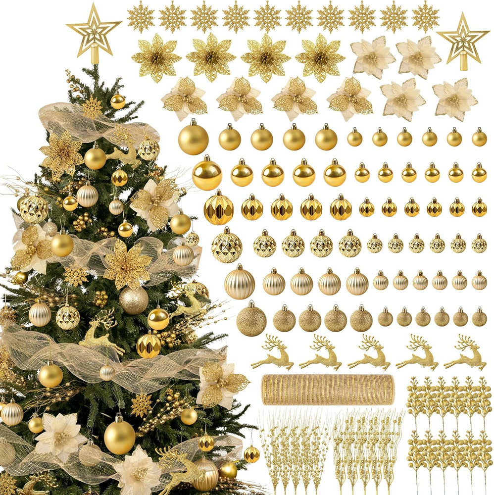 103 Pcs Christmas Tree Decorations Set, Assorted Shatterproof Gold Christmas Bal