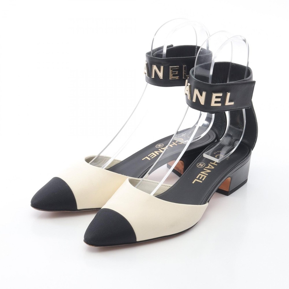 CHANEL COCO Mark Black White Leather Canvas Pumps Women Size 37 G36591 Preowned