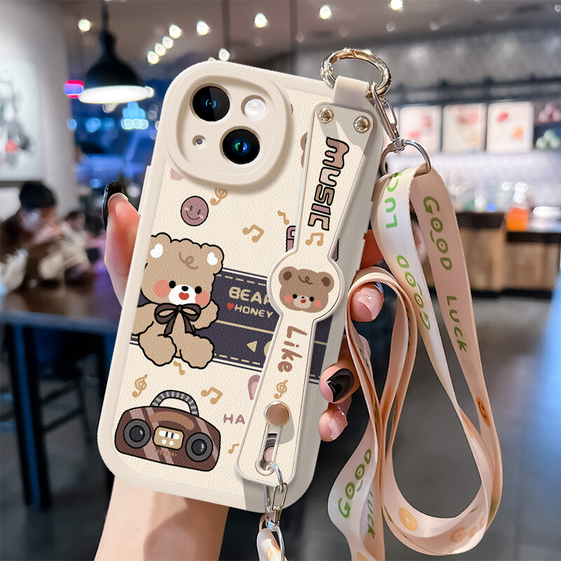 Phone Case for Apple IPhone 16 15 Cover Crossbody Wristband Lanyard Retro Bear