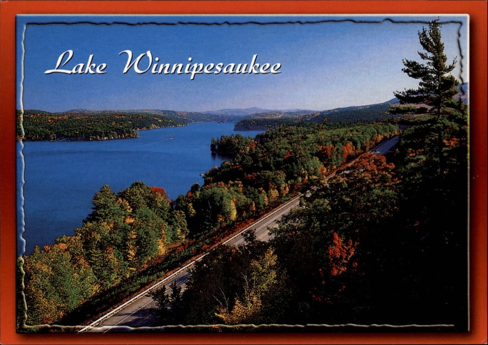 Lake Winnipesaukee New Hampshire aerial view fall color ~ vintage postcard