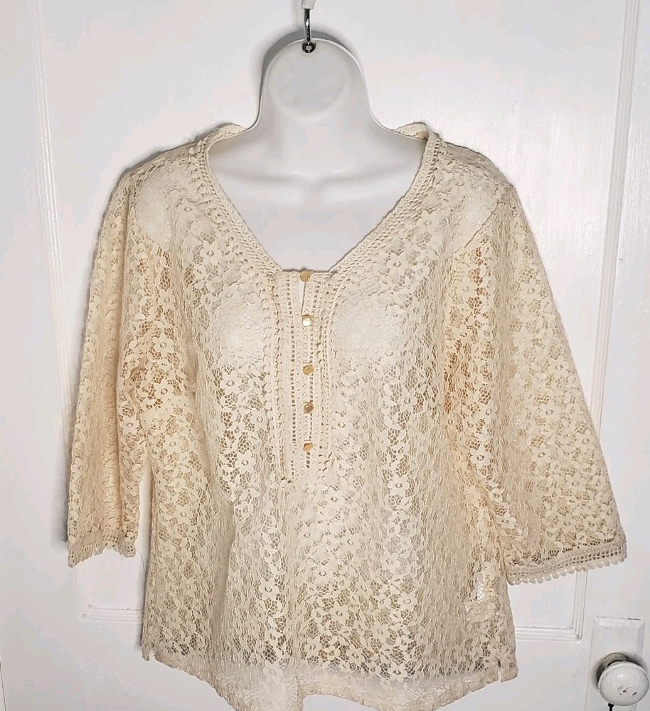 Adiva Lace Top Crochet Open Knit Bohemian 3/4 Sleeve Top Blouse Cream Large