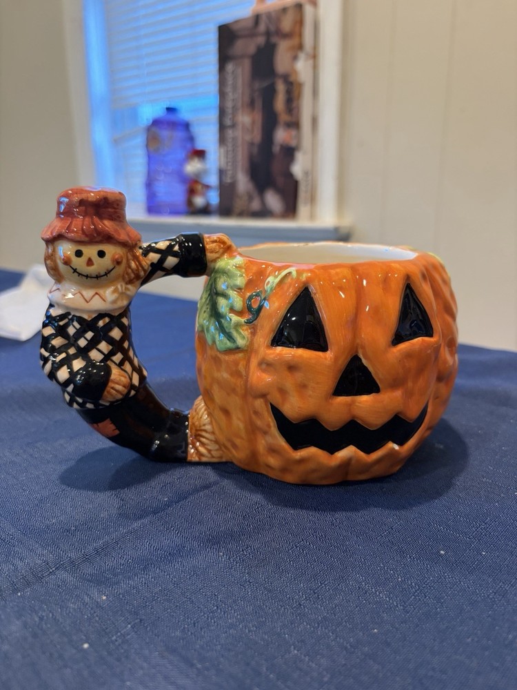 Halloween Pumpkin Jack-O-Lantern Mug Fall Scarecrow Handle Vintage