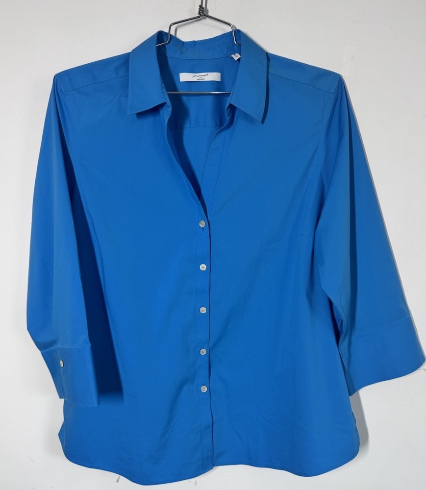 Foxcroft Non Iron Button Up 3/4 Sleeve Blouse Top Blue Size 18 Fitted Stretchy