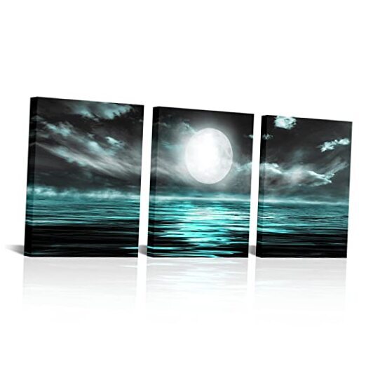 iLOOLiKE 3 Pieces Teal Sea Wall Art Full Moon in Cloud Night Landscape Green