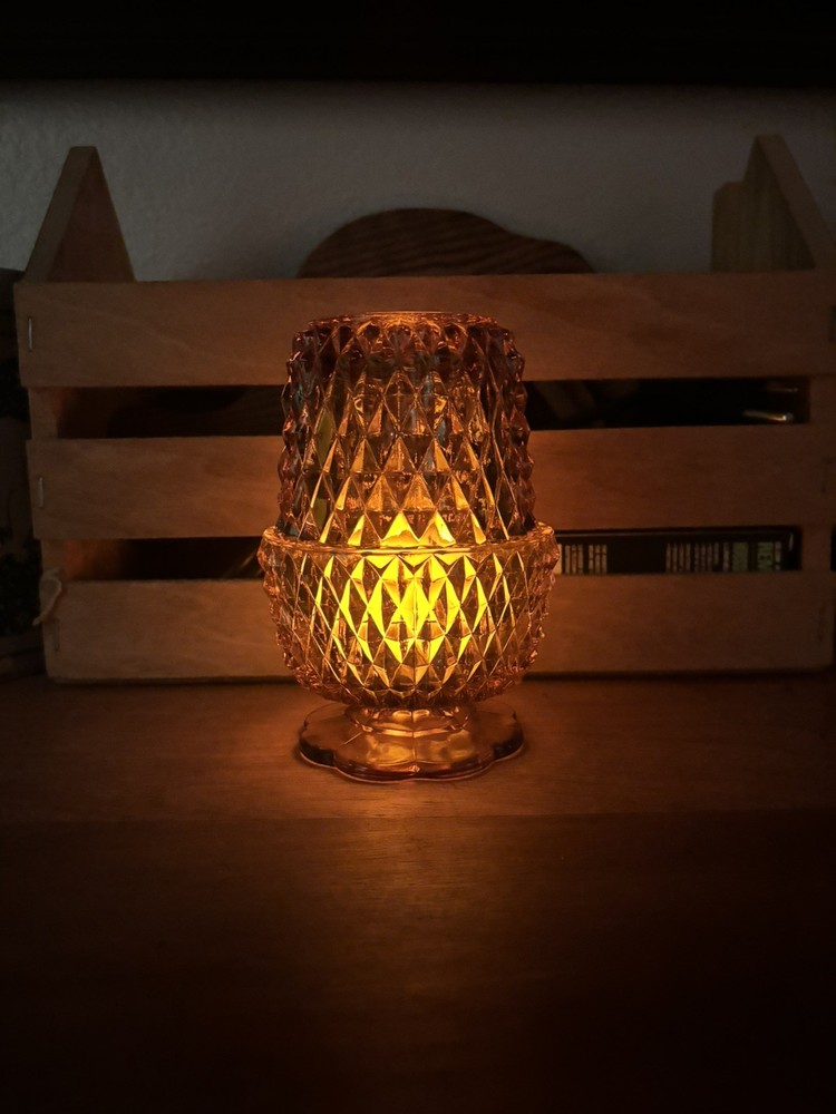 Vintage Indiana Glass Amber Diamond Point Fairy Lamp