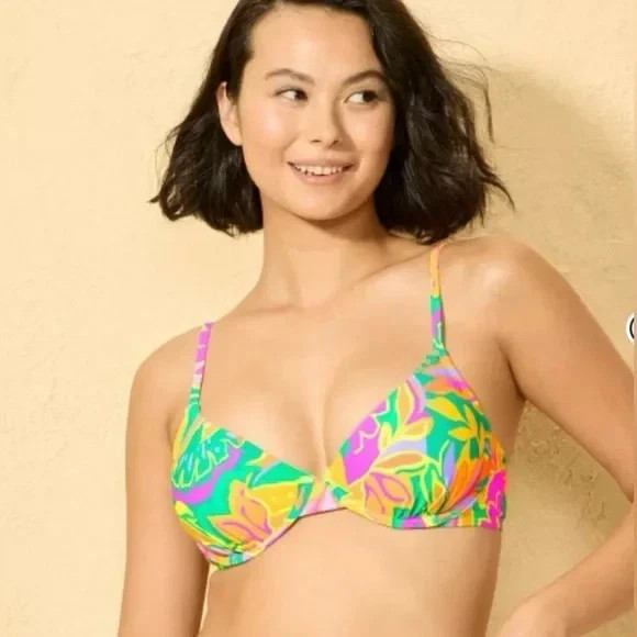 Women's Tropical Print Underwire Bikini TOP - Wild Fable Green L