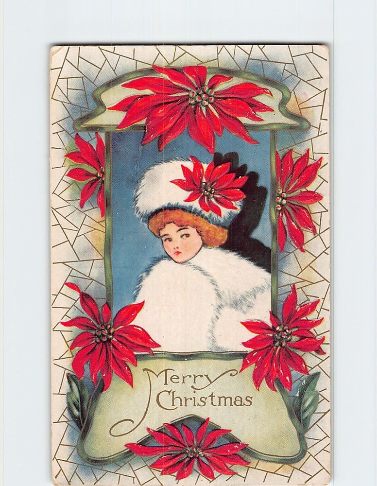 Postcard Embossed Poinsettia Floral Art Print Christmas Greeting Card