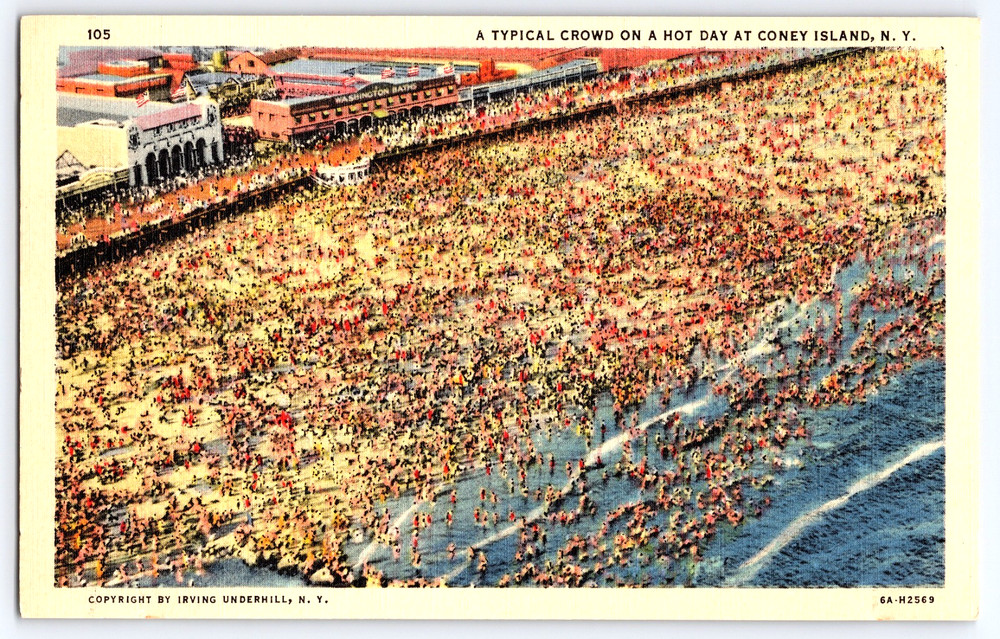 Coney Island New York NY Large Crowd Of People On Beach Vintage Linen Postcard