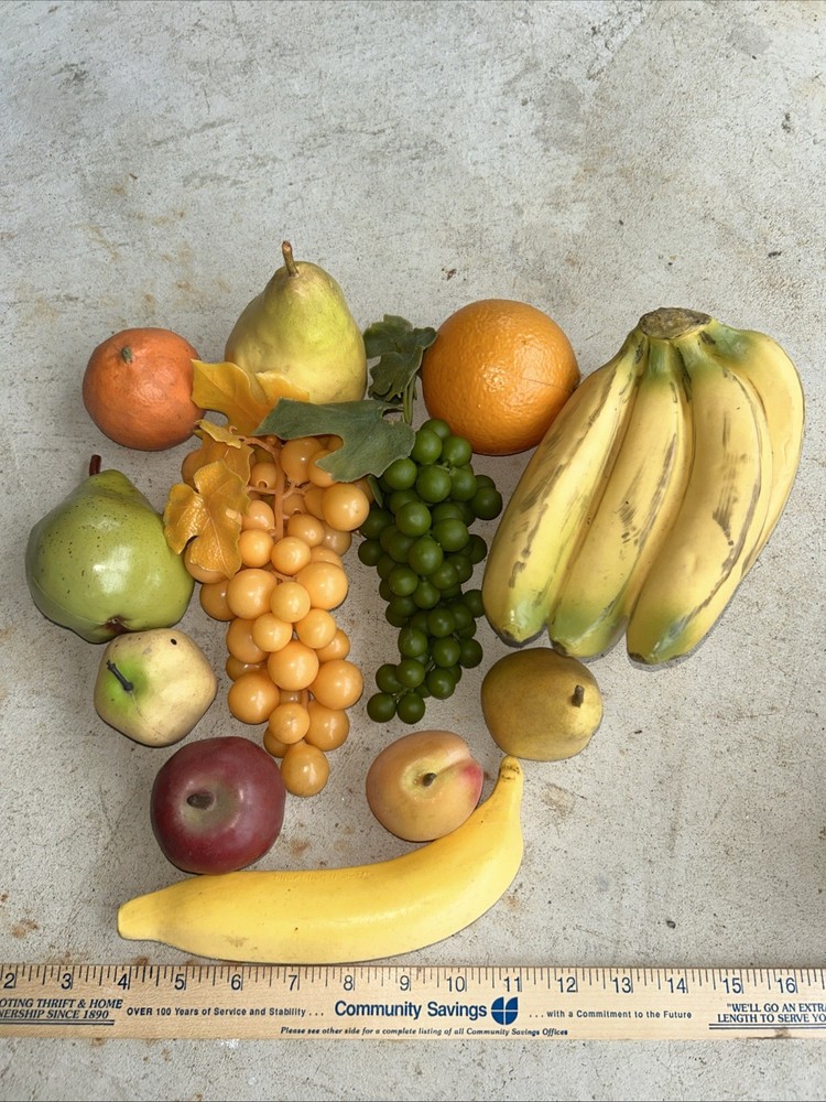 Vintage MCM Faux Fruit Realistic Plastic Rubber Artificial Grapes Apple Bananas