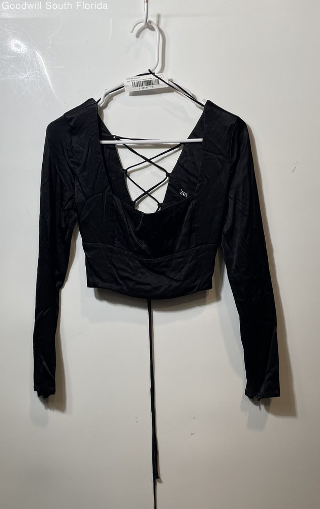 Zara Womens Black Long Sleeve Lace-Up Back Cropped Blouse Top Size M
