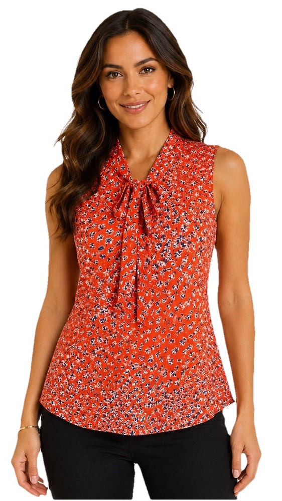West Kei Women’s Medium Red Floral Sleeveless Bow Tie Neck Business Casual Top