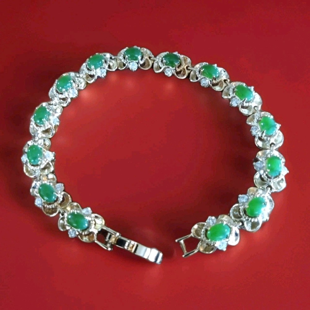 Avon Gold Tone Green Jade Clear Crystal Rhinestone Tennis Bracelet Unsigned Vtg