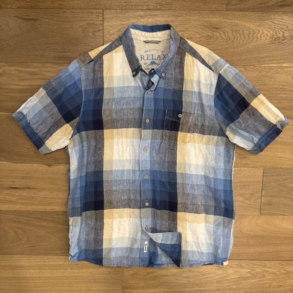Tommy Bahama Relax Linen Shirt L Modern Fit Blue Plaid Short Sleeve Island