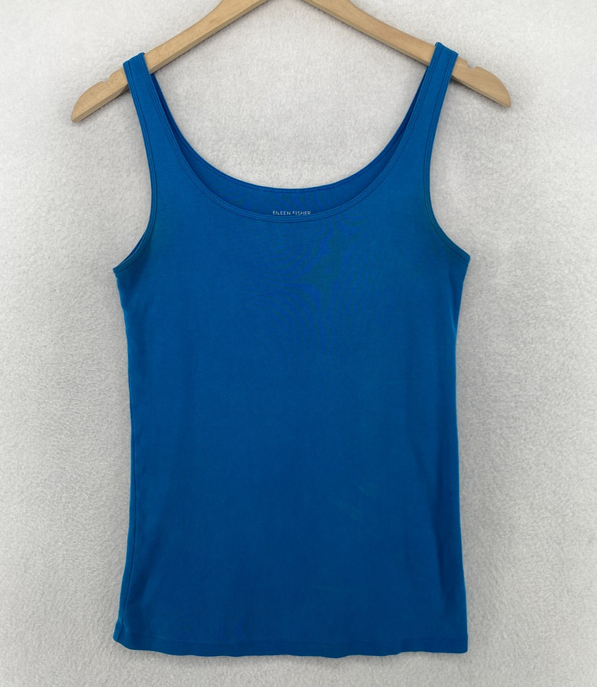 EILEEN FISHER Tank Top S Organic Cotton Ribbed Jersey Cami Scoop Neck Shell Blue