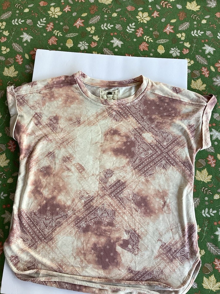 Cupio Tie-Dye Knit Lace Accent Short Sleeve Pink Beige T-Shirt Size L