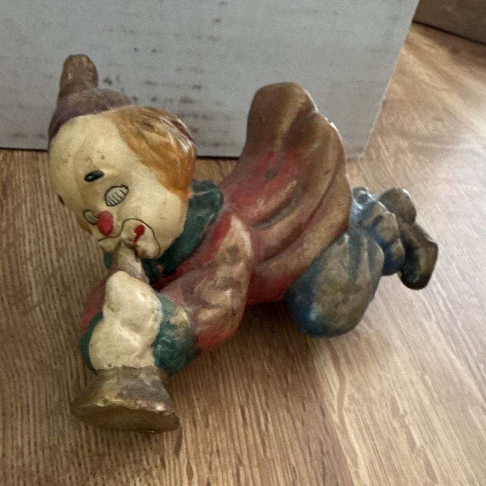 Painted Ceramic Clown Figurine Lying Down Playing Horn Multicolor Sculpture