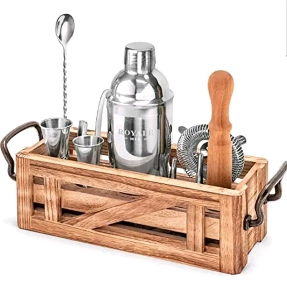 Acacia Rustic Wood Finish 11pc Cocktail Set Stainless Steel Bartending Kit New-image