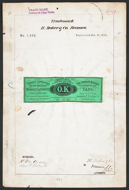 Photo:1873 H. Boker Co O.K. Brand Razors Trademark Registration