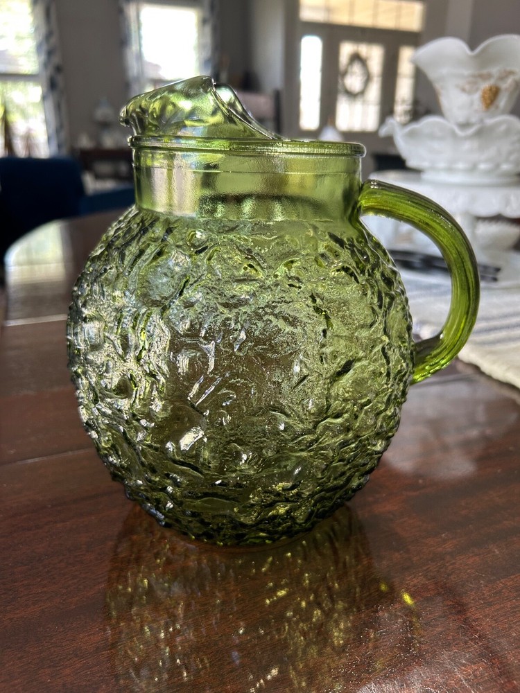 Vintage 1970s Anchor Hocking Milano Avocado Green Crinkle Ball Pitcher Ice Lip