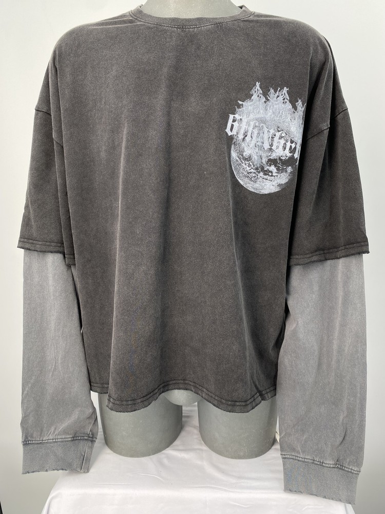 6THNBRHD Mens T-Shirt Vintage Black Size XXL One World Layered Tee Long Sleeve