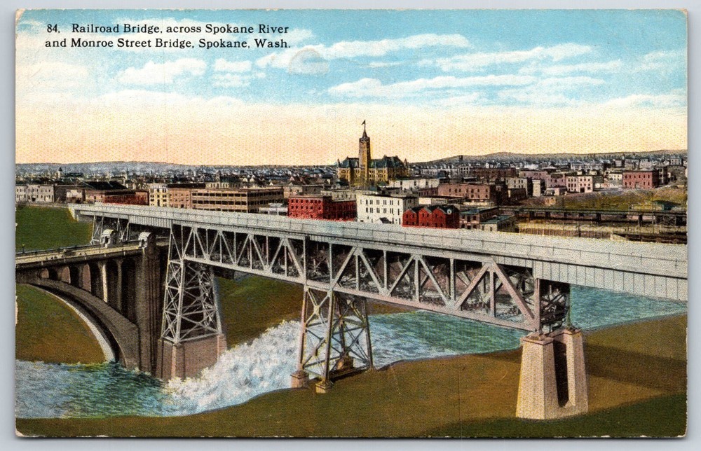 Spokane Washington~Railroad Bridge Across Spokane River & Monroe Street~Postcard