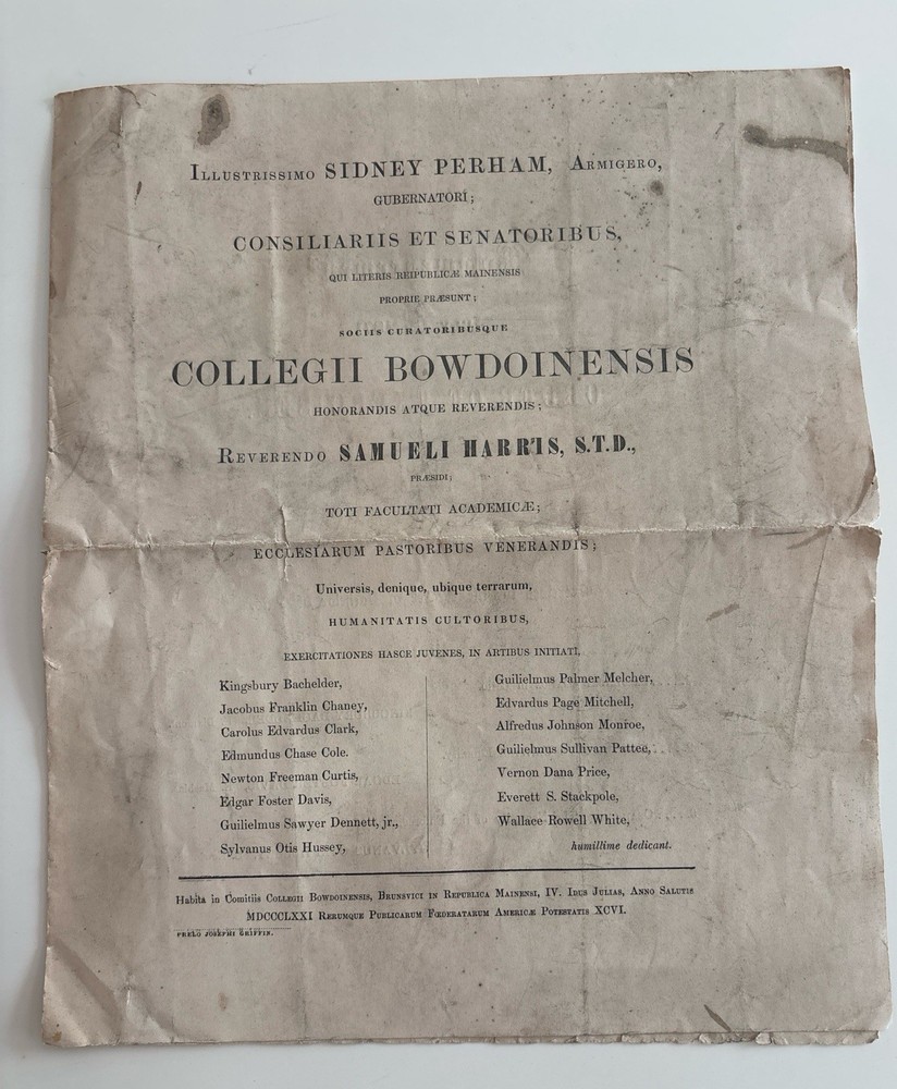 1871 Bowdoin College Commencement Program Joshua Chamberlain President