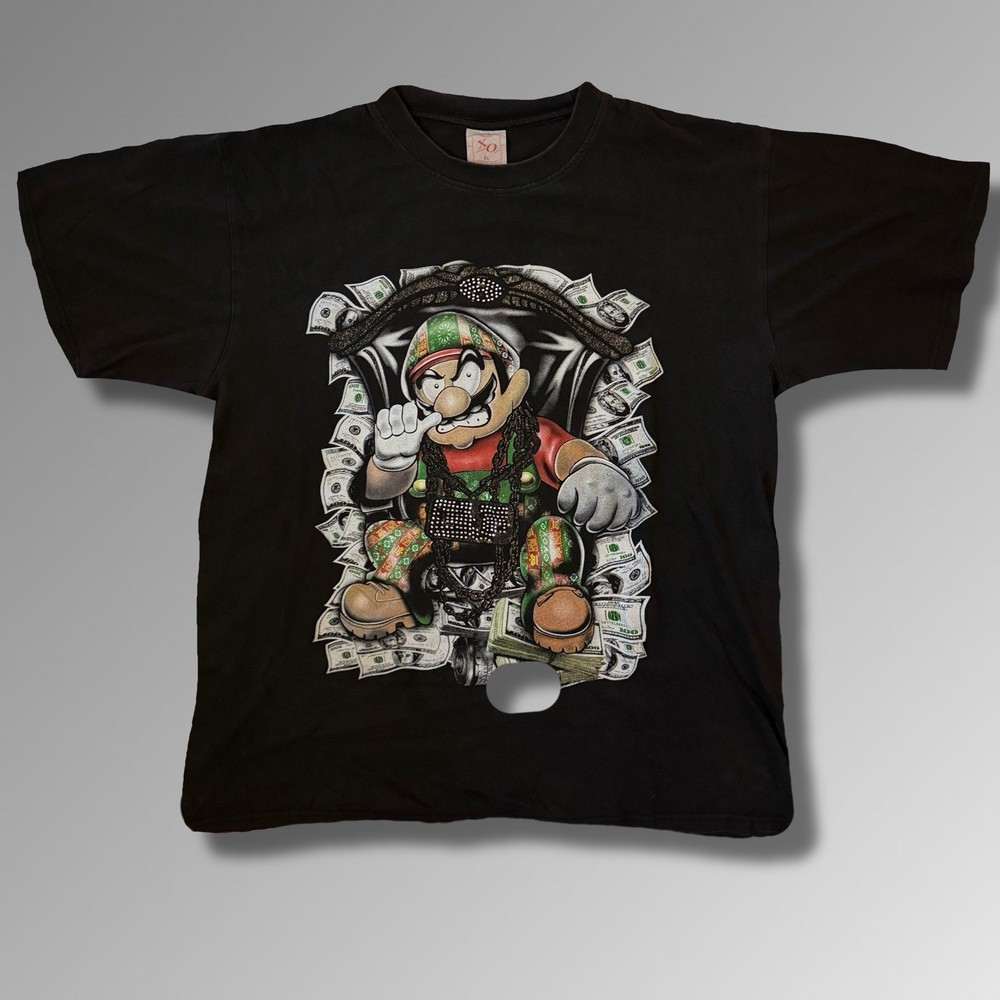 Vintage Mario Wario Nintendo Bling Gangster Shirt 90s Rap Band Y2K XL