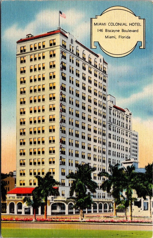 Dr Jim Stamps Vintage Miami Colonial Hotel Postcard Bayfront Park Florida