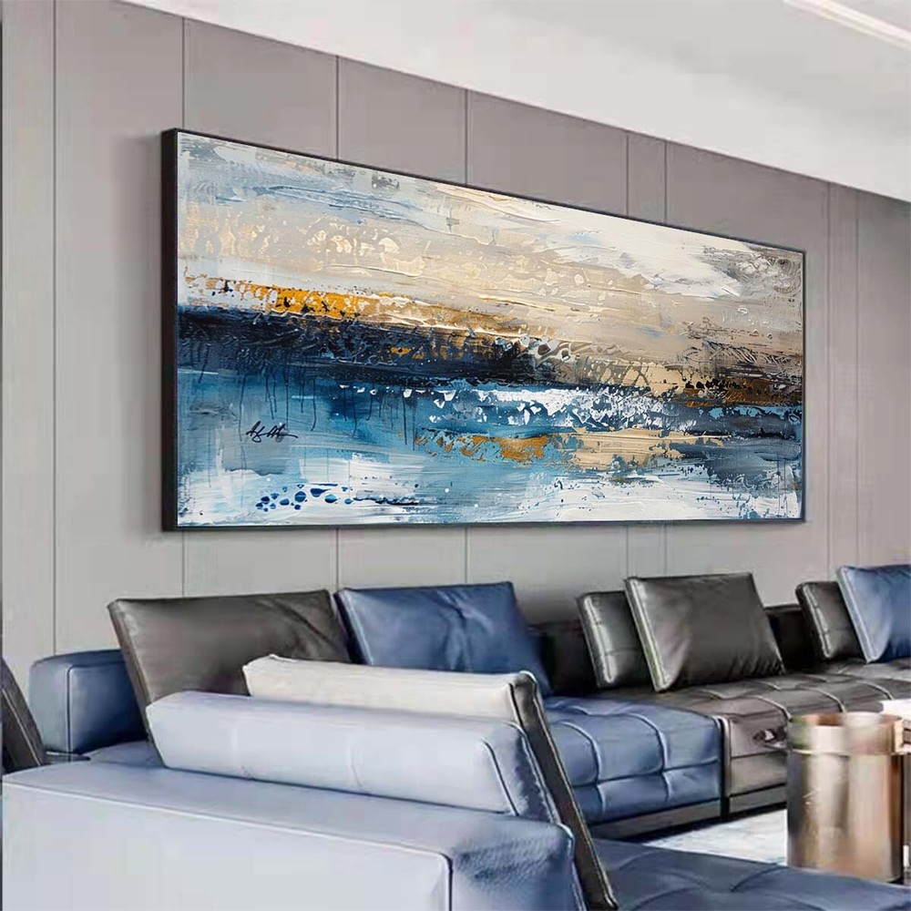 Blue HandPainted Abstract Oil Painting Art Pictures On Canvas Home Decor Gray