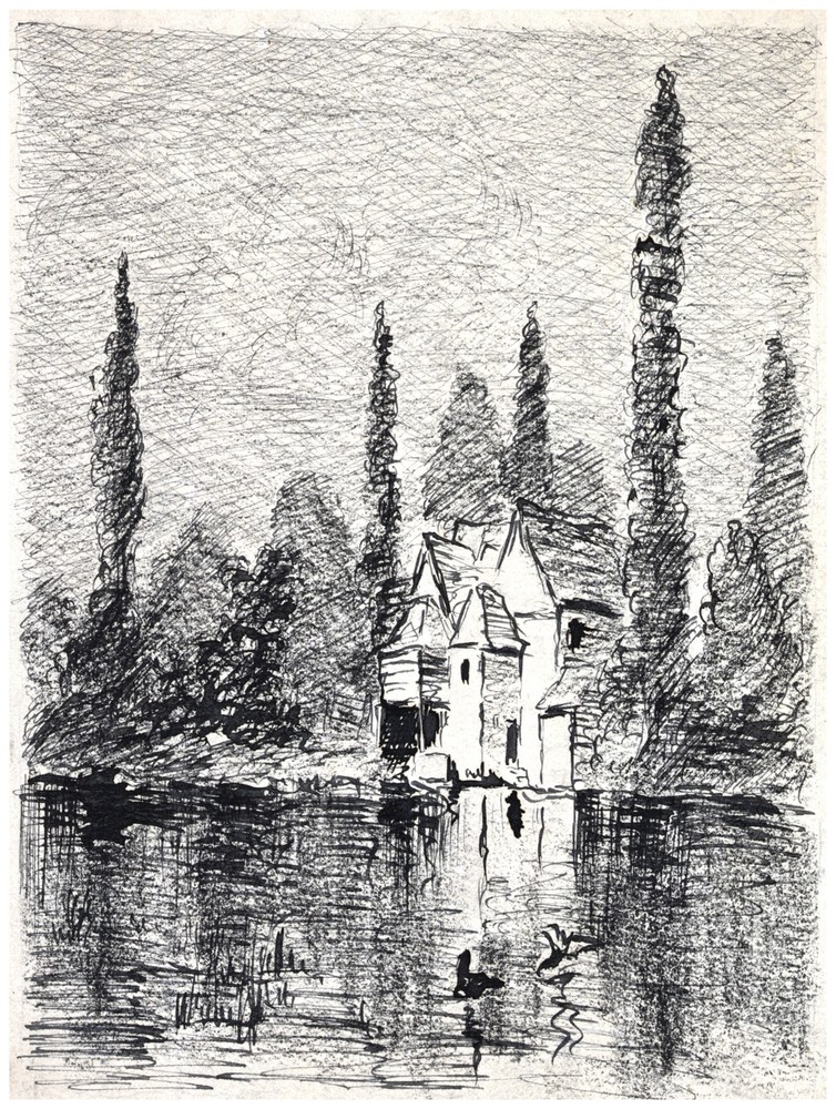 Decor Drawing Poster. Lake House.Home interior Wall Graphic Art Design. 1476