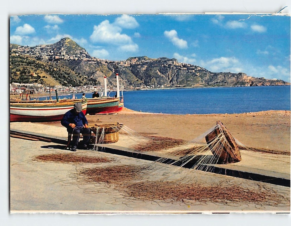 Postcard Beach Of Giardini Taormina Sicily Italy
