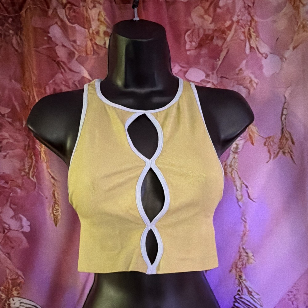 Out From Under Yellow White Cut-Out High Neck Knit Cropped Tank Top M/L