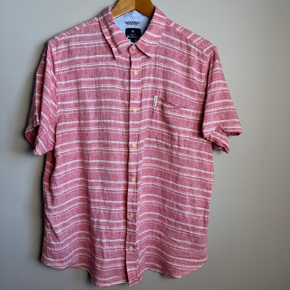 Ben Sherman Men's Linen Blend Short Sleeve Shirt Button Up Pinkish-Red XL Beach
