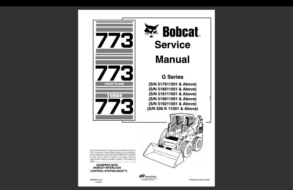 Bobcat 773 S/N 517611001 Service Repair Manual, Workshop Manual