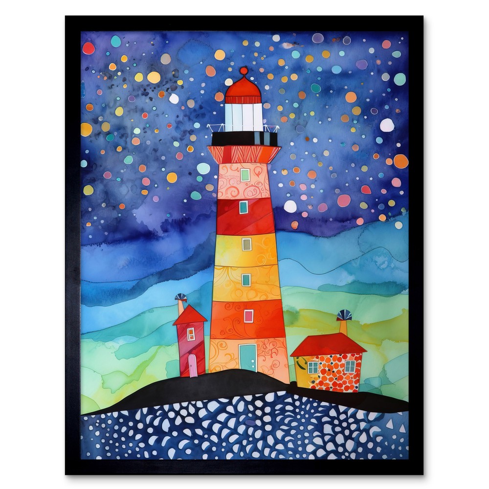 Lighthouse On Starry Night Modern Folk Art Framed Wall Art Picture Print 12x16