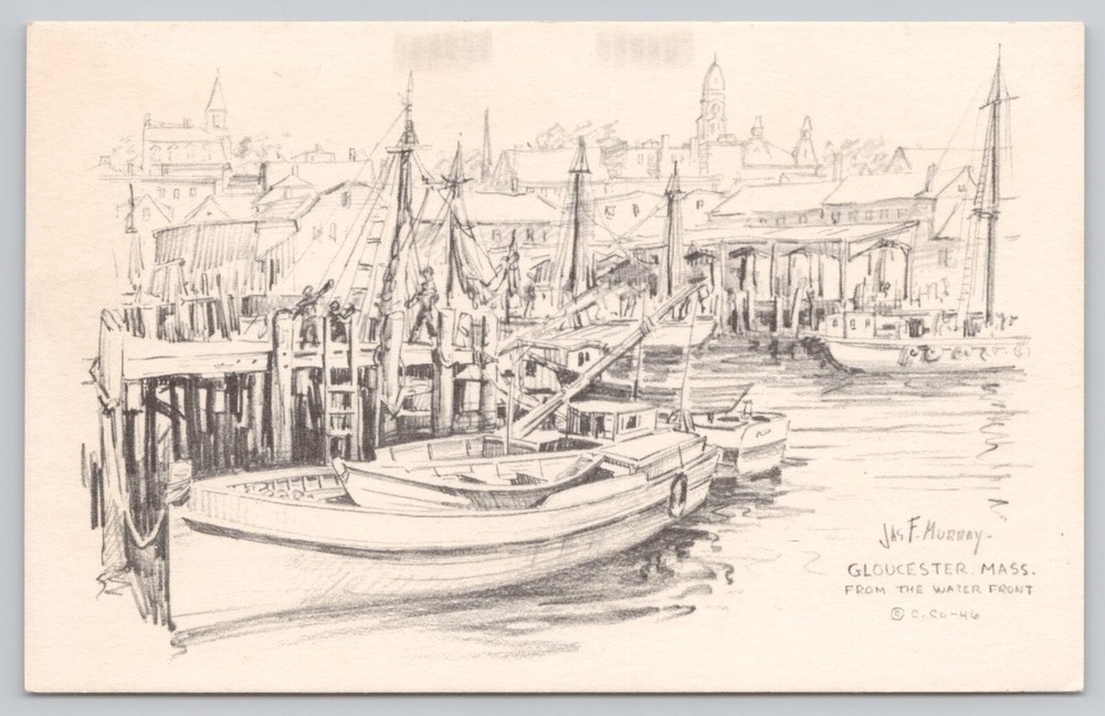Gloucester Massachusetts Water Front Fishing Boats Jas F Murray Vintage Postcard