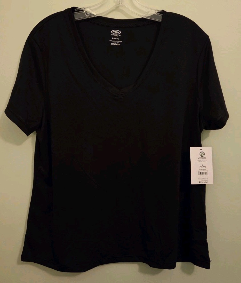 Athletic Works Womens LARGE Short Sleeve Core V-Neck Tee BLACK DriWorks #10726