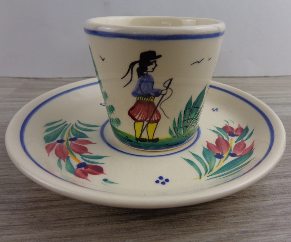HenRiot Quimper France Tea Cup Saucer Man Walking Flowers Floral Signed