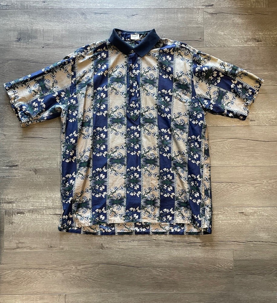 Vintage Michael Thomas Floral Striped Polo Shirt Men’s XL Egyptian Cotton