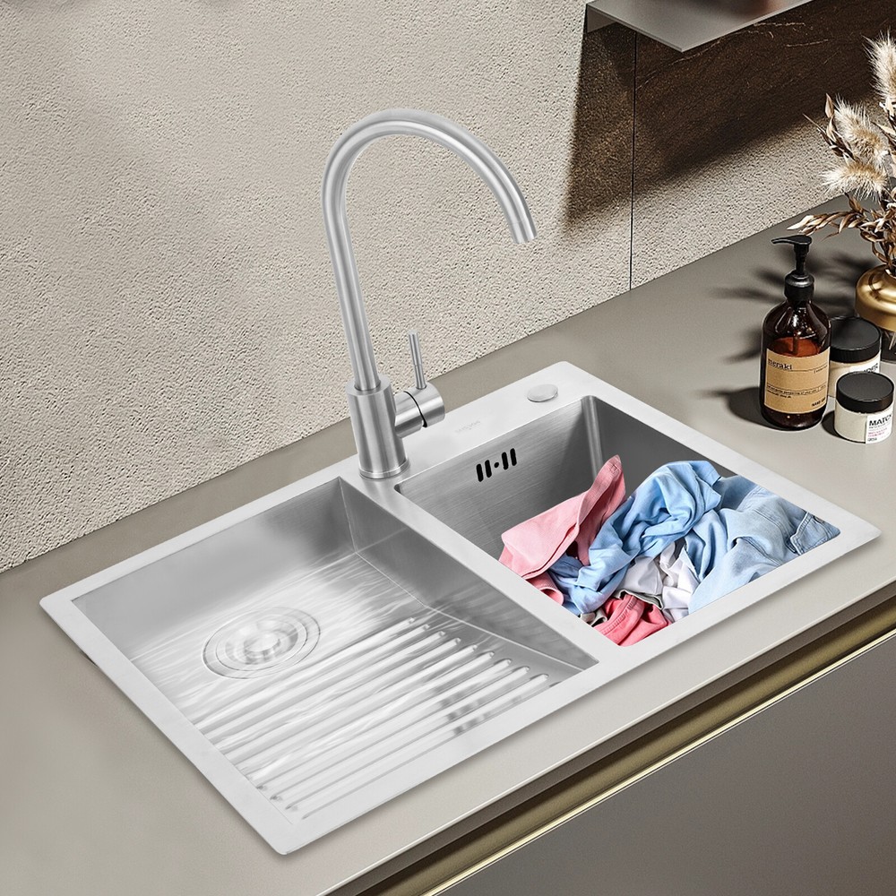 Stainless Steel Laundry Sink with Faucet Washboard Dual Basin Welding Utility Sink