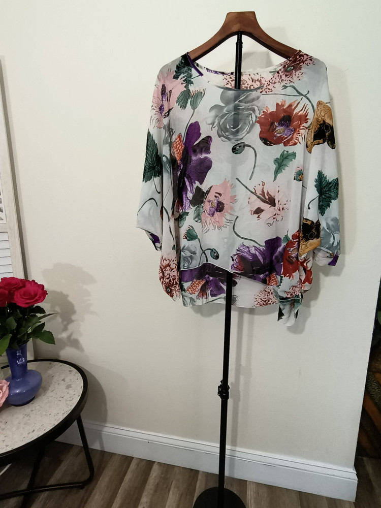 Women's One Size Multicolor Sheer Floral Chiffon 3/4 Sleeve Tunic Blouse No