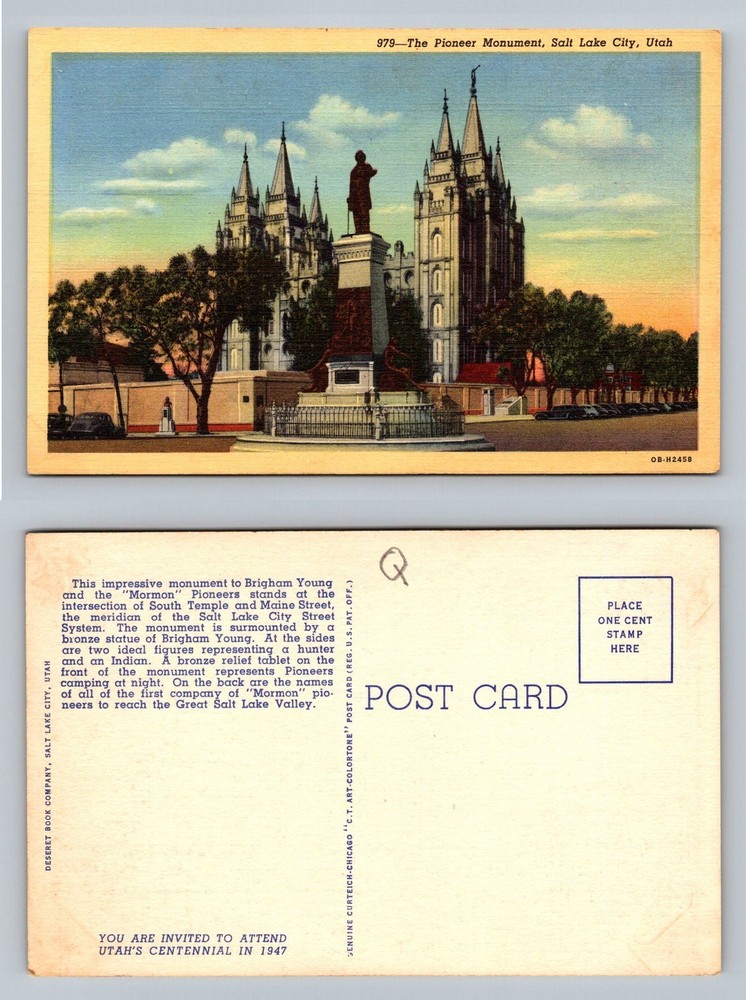 Salt Lake City, UT-Utah, Pioneer Monument Brigham Young Temple Vintage Postcard