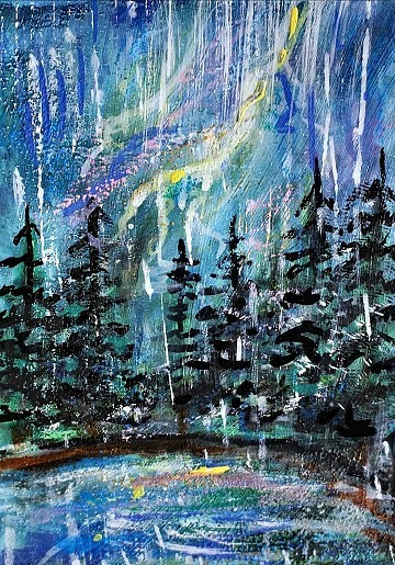 ACEO Original PAINTING Pine TREES Summer Storm Rain Nature Landscape ATC ART