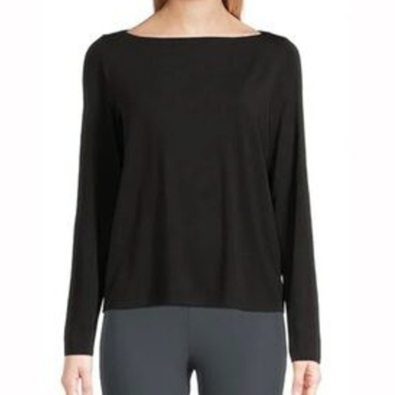 Eileen Fisher Black Boat Neck Organic Cotton Long Sleeve Tee Casual Size Medium