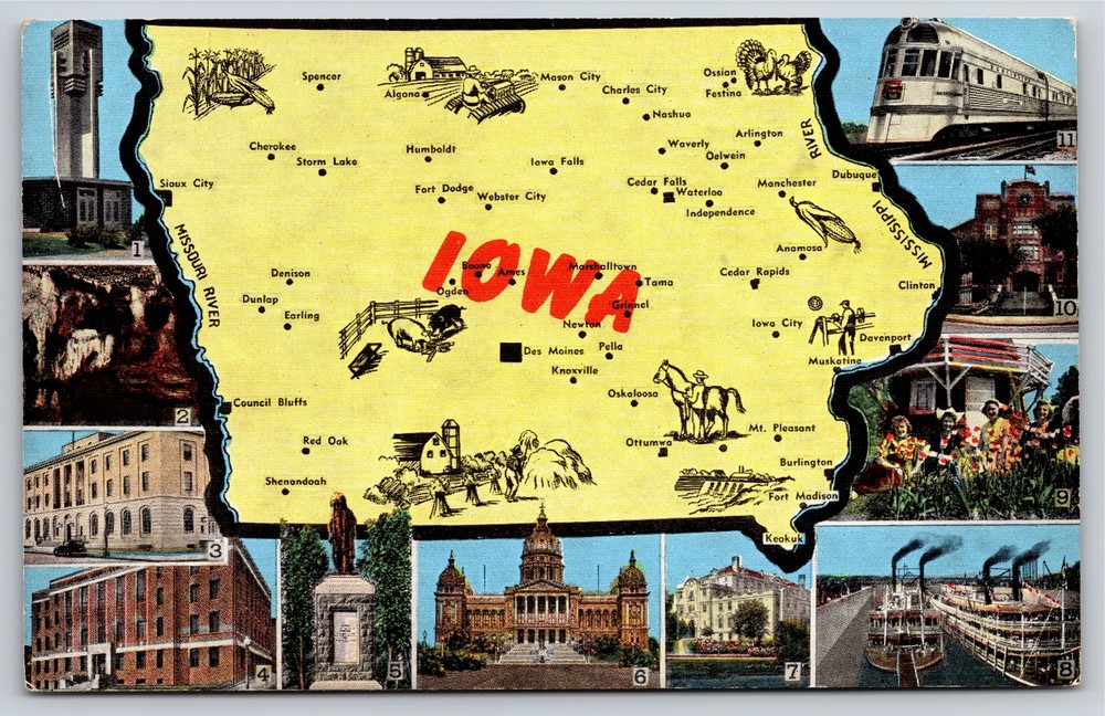 Iowa State Map~Pigs~Corn~Multi-Views~Key To Views On Back~Vintage Linen Postcard