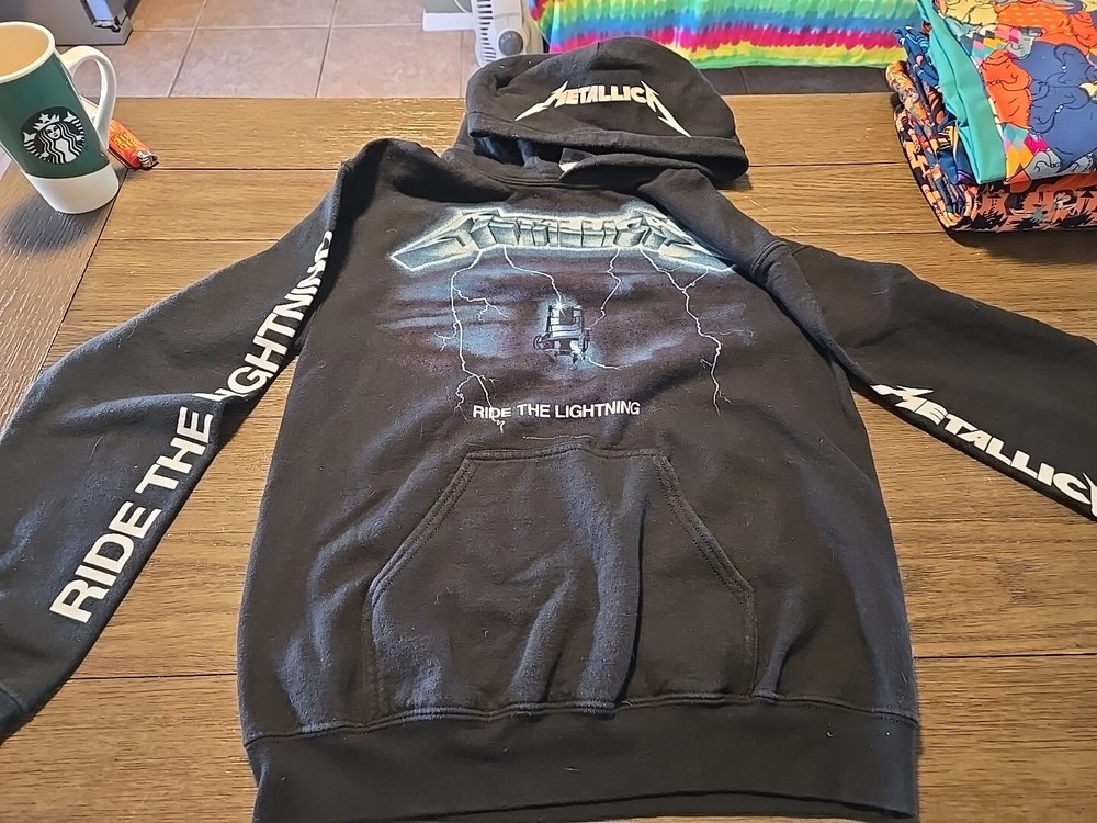 VINTAGE Metallica Hoodie Black Ride The Lightning Pullover Sweatshirt POCKET SM
