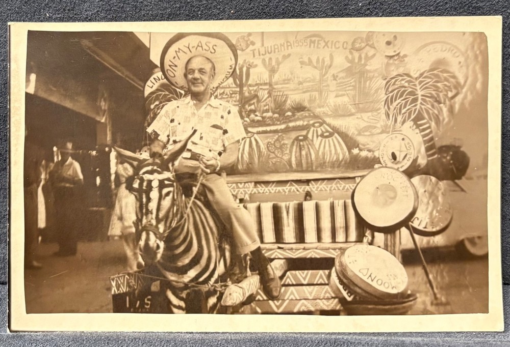 REAL PHOTO JUAREZ MEXICO MAN on DONKEY w SILLY HAT STUDIO RPPC POSTCARD