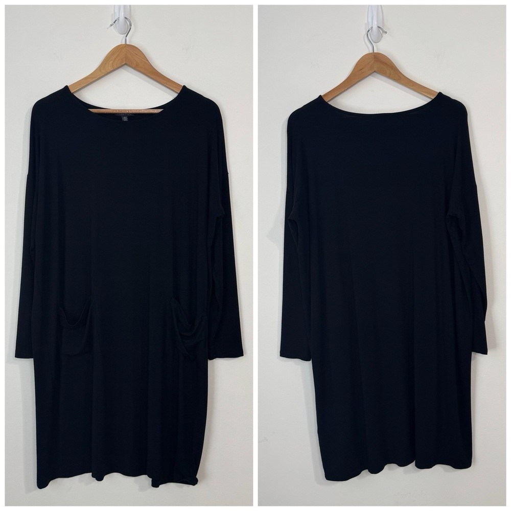 Eileen Fisher Jersey Knit Shift Dress Size L Black Long Sleeves Pockets